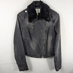 Jessica Simpson XS Black Faux Fur Collar Denim Moto Jacket Women’s Y2K Style